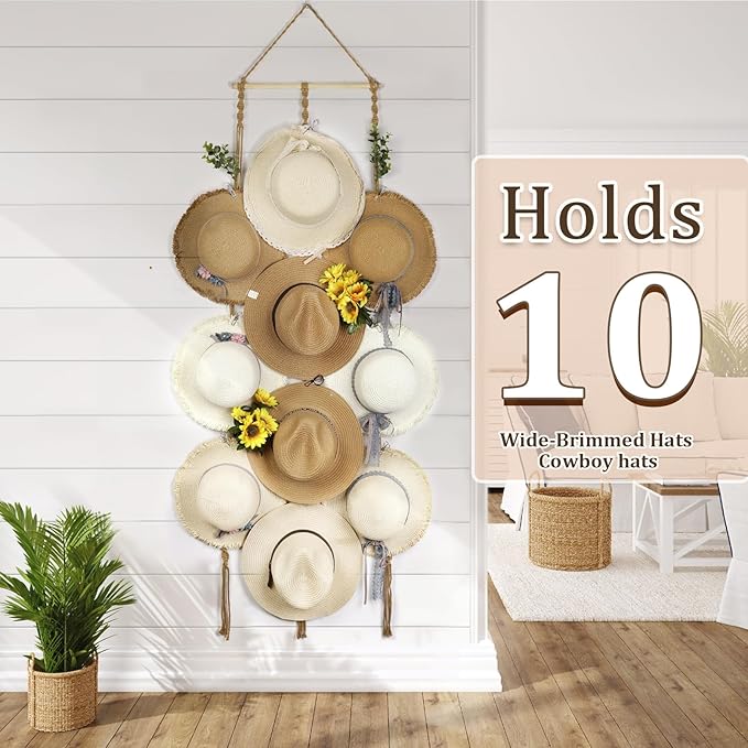 Hat Organizer for Wall Mount 15x53in Boho Hat hanger with 10 Clips Macrame Hat Rack for Wide Brimmed Hat Display Women Hat Holder Western Decor for Fedora Cowboy Beach Hat Brown