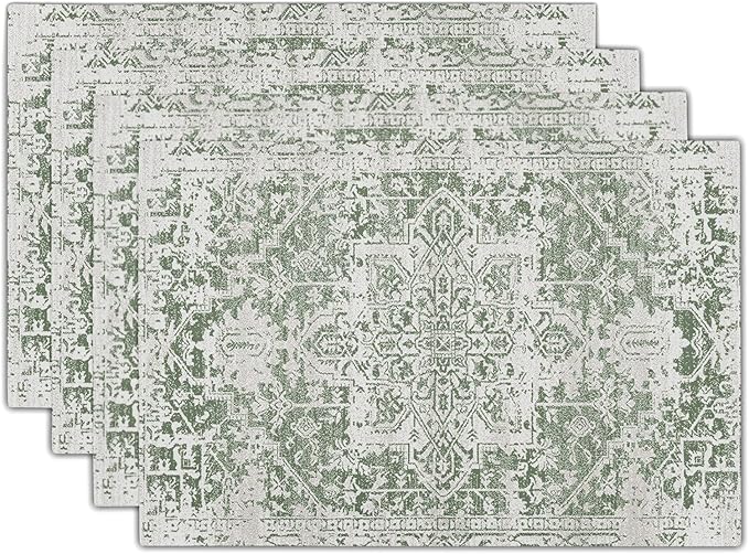 Gray Sage Green Boho Placemats Set of 4 Ethnic Bohemian Carpet Place Mats Washable Kitchen Dining Vintage Grey Geography Floral Linen Table Mats Stain Heat-Resistant for Home Party Indoor 12x18 in