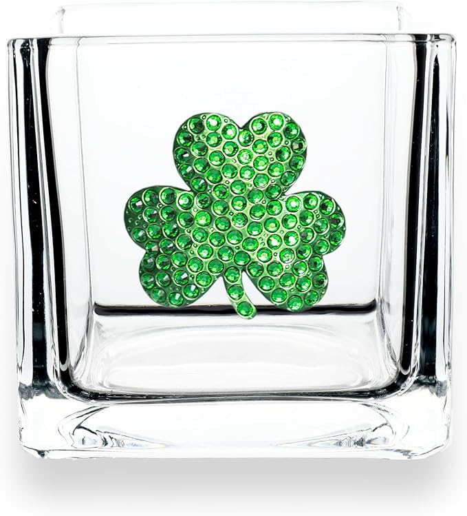 THE QUEENS' JEWELS Shamrock Jeweled 4x4 Candle Holder Vase - Unique Gift for Women, Birthday, Cute, Fun, Cocktail, Queen, Not Painted, Decorated, Bling, Bedazzled, Rhinestone