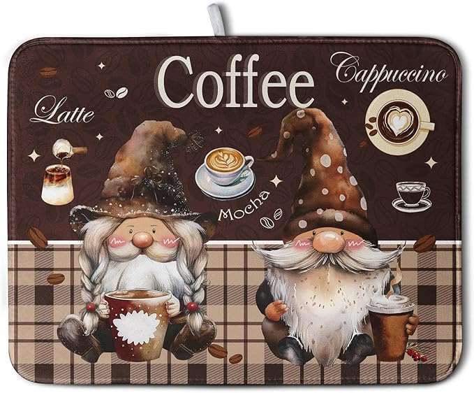 Coffee Gnomes Kitchen Dish Drying Mat for Dishes 16x18 Inch,Coffee Maker Mats for Tabletop,Brown Buffalo Plaid Mocha Coffee Cup Dishes Drainer Mats Super Absorbent Dish Rack Pad for Bar Sinks Counter