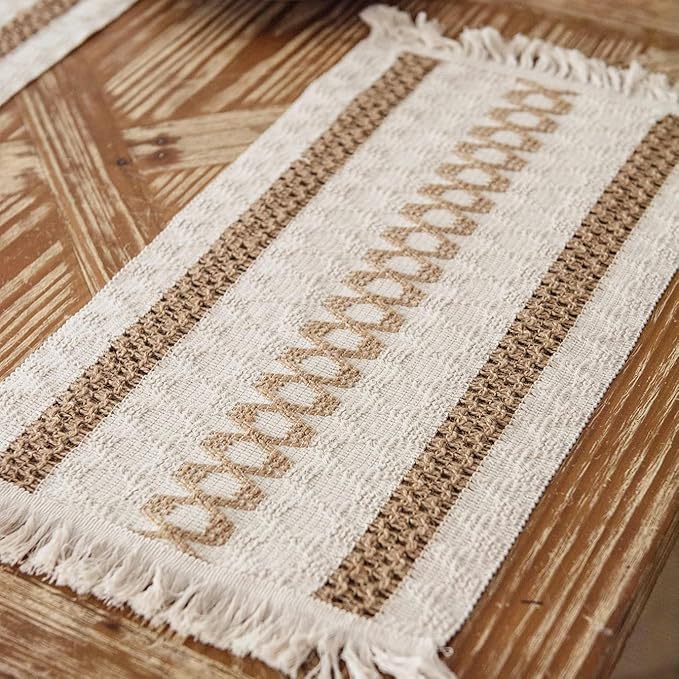 Boho Placemats Set of 4, Burlap Woven Placemat 12x19 Inches, Splicing Woven Rectangular Table Mats, Farmhouse Style Kitchen Table Decor for Rustic Wedding Bridal Shower