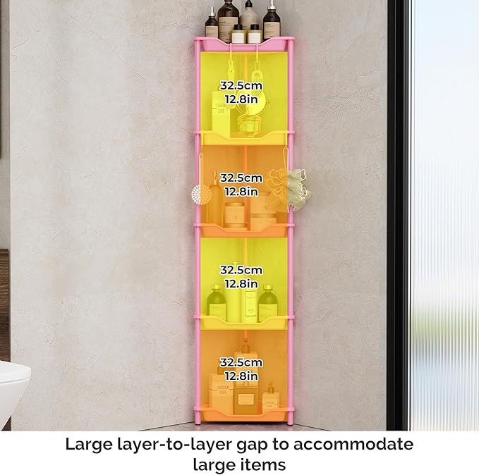 Orimade Rustproof 5 Tier Floor Standing Corner Shower Caddy Organizer, Plastic Metal Splicing Floor Corner Shelf Rack Stands for Bathroom, Pink