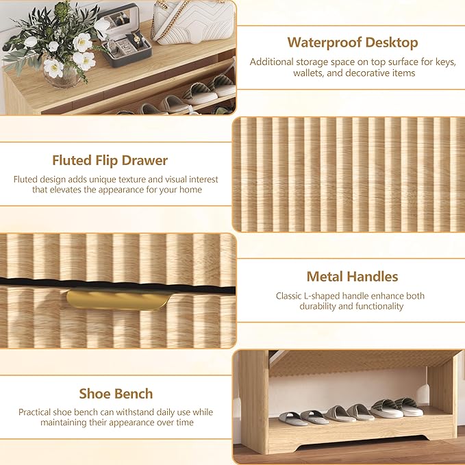 Shoe Cabinet Storage for Entryway with 2 Flip Drawers, Oak Fluted Shoe Cabinet with Open Storage, Wooden Hidden Shoe Rack Freestanding Narrow Slim Shoes Organizer for Hallway, Entrance