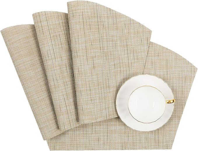 SHACOS Small Round Table Placemats Wedge Placemat Set of 4 Non Slip Heat Resistant Woven Vinyl Table Mats Wipe Clean Indoor Outdoor (4, Beige Yellow)