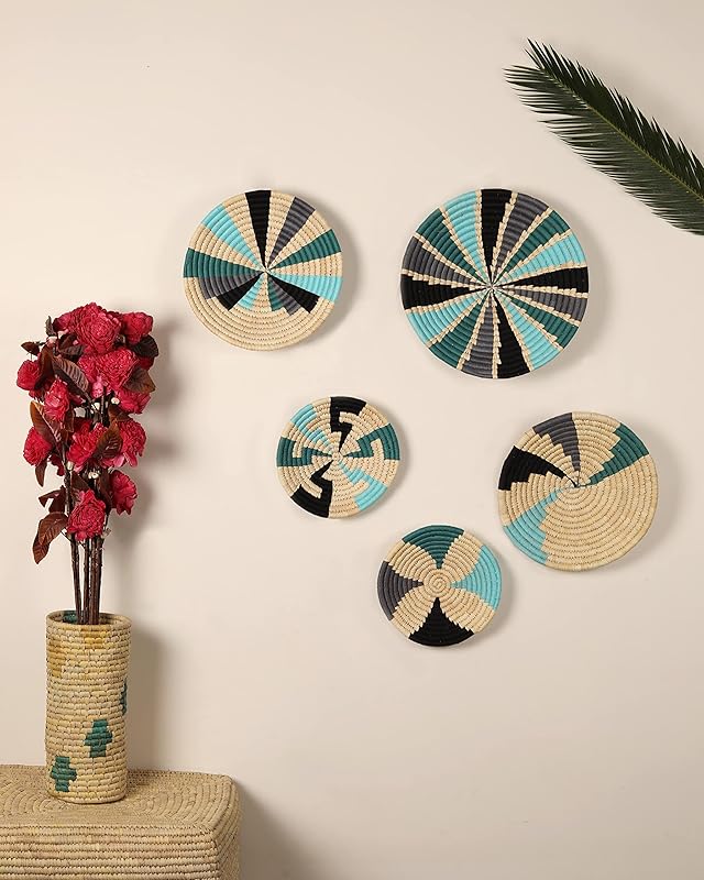 Set of 5 Round Boho Hanging Wall Basket Home Decor for Bedroom, Kitchen, Farmhouse Handmade Decorative Unique Indian Wall Decor Woven Wicker Baskets Christmas Gifting (Green Blue, Vivid)
