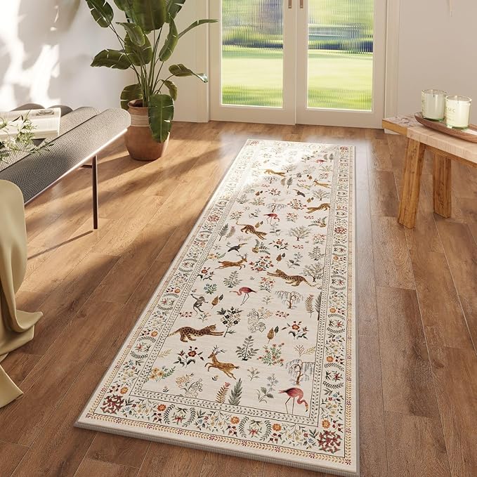 Runner Rug for Kitchen Non Slip 2'6''x8' Washable Rugs with Rubber Backing Soft Floral Animal Carpet Runner for Kitchen, Laundry, Bedroom, Bathroom (Beige)