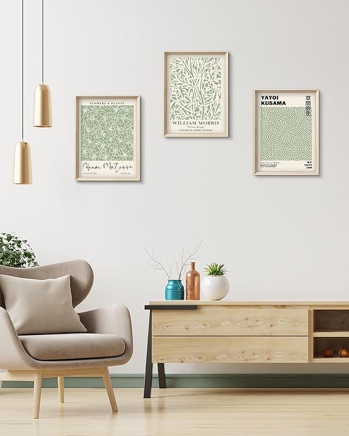 HesenDot Framed Matisse Sage Green Wall Art,William Morris Canvas Wall Decor,16x12IN High Framed Wood Design Prints,Minimalist Classic Decor Aesthetic for Living Room,Bedroom,Bathroom Set of 3