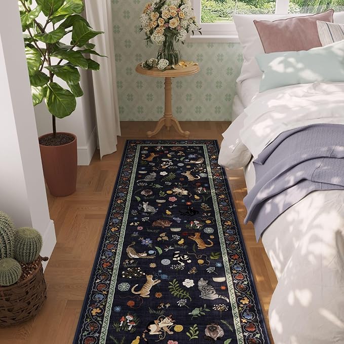 Runner Rug for Kitchen Non Slip 2'6''x8' Washable Rugs with Rubber Backing Soft Floral Animal Cat Carpet Runner for Kitchen Laundry Bedroom Bathroom, Cobalt Blue