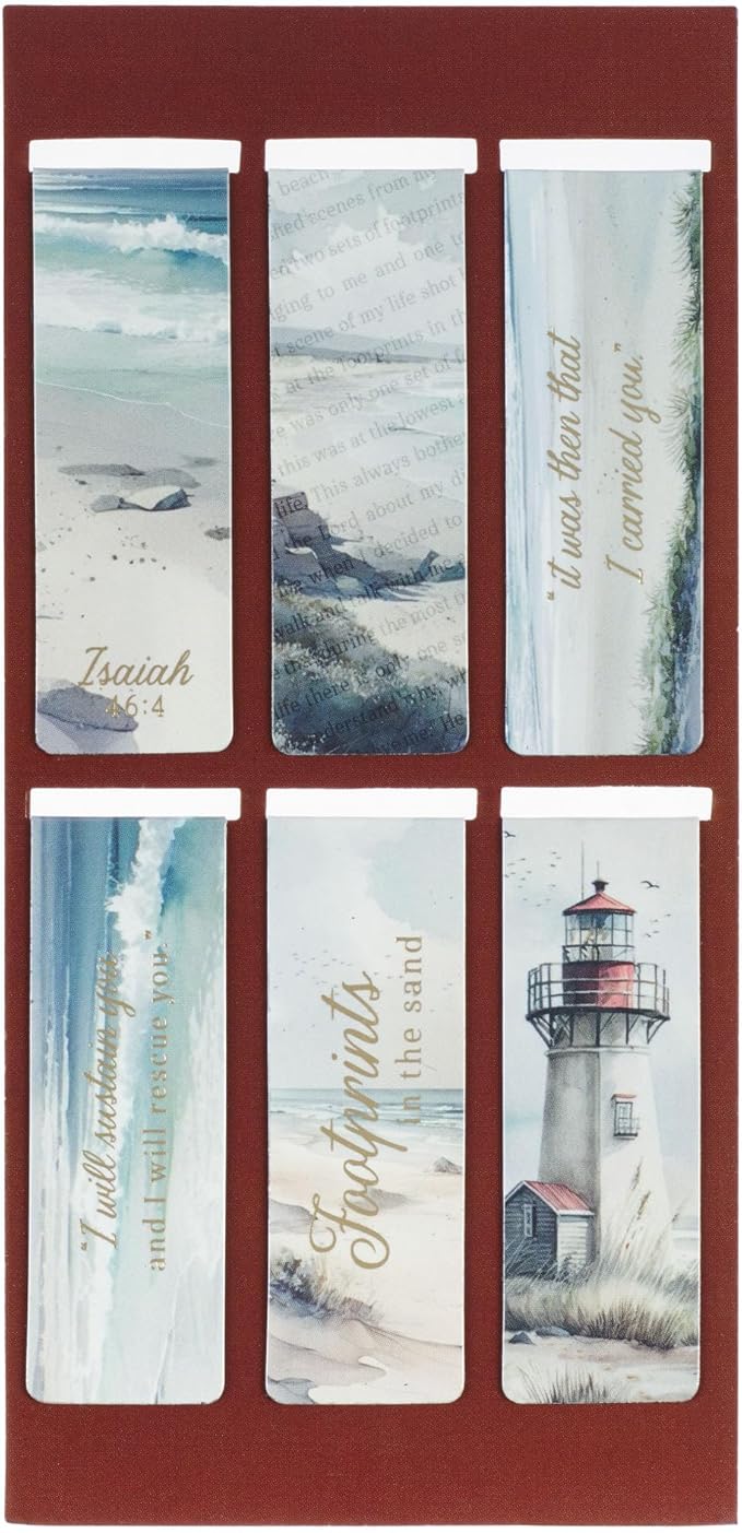 Christian Art Gifts Magnetic Bookmark Pagemarker Set for Men & Women: Lighthouse Sandy Ocean Theme & Golden Inspirational Scripture for Reading, Bibles, Books, Fridges, Small, Multicolor, 6 Piece Set
