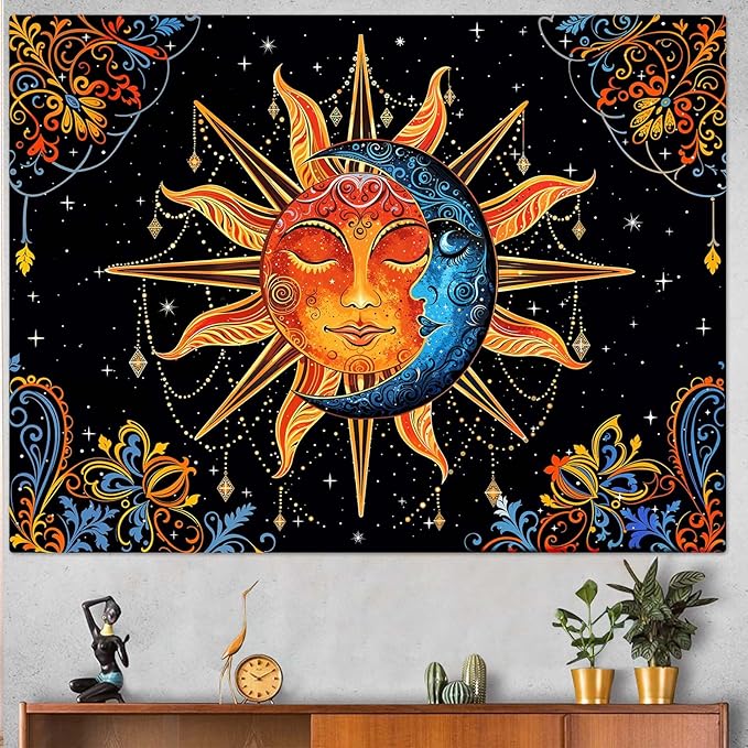 Lunerfex Sun and Moon Tapestry Mandala Wall Tapestry, Cute Tapestries for Bedroom Ceiling Tapestries Wall Hanging for Bedroom Living Room Wall Decor Sun-1 70"x90"