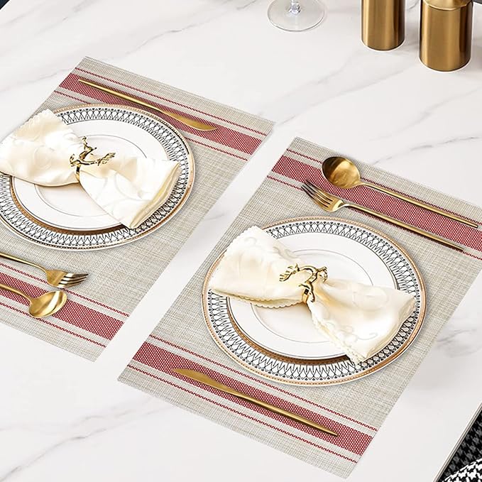 DACHUI Placemats Set of 6, Soft & Elegant Woven Vinyl Place Mats, Water Resistant, Heat Resistant, Washable, Durable Table Mats (Red Stripes)