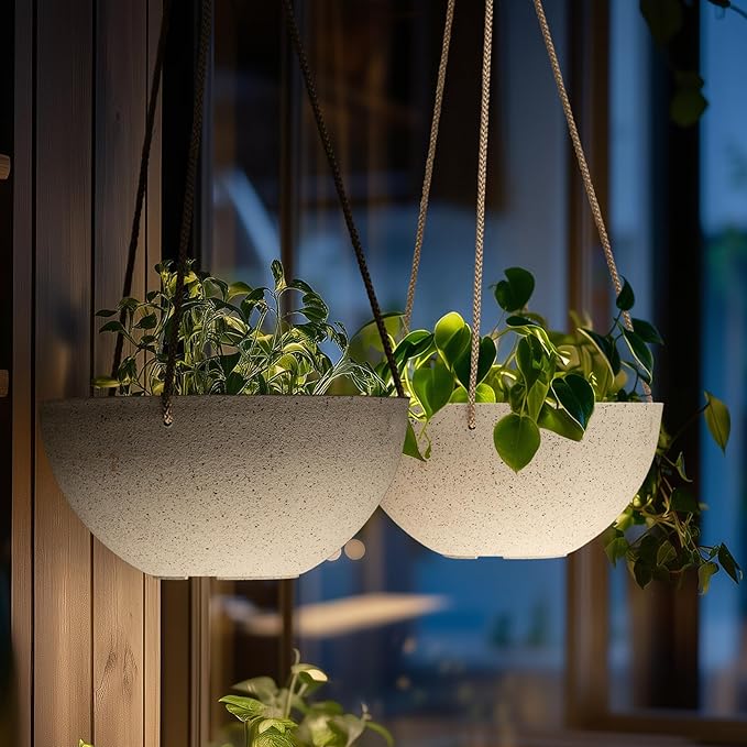 LA Jolie Muse Hanging Planters for Indoor Plants - Flower Pots Outdoor 10 inch Garden Planters and Pots,Speckled White Set of 2