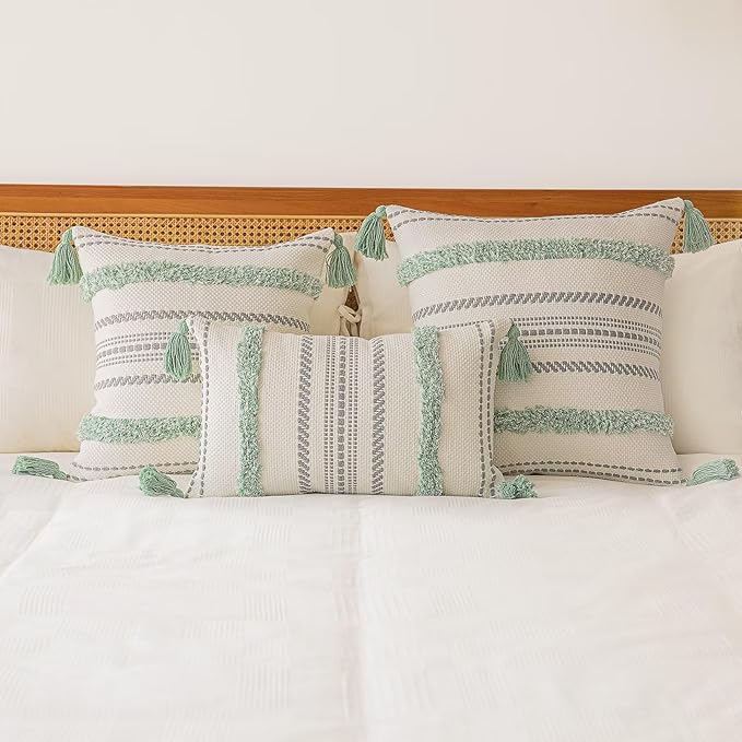 Boho Throw Pillow Covers 20x20 Set of 2 Woven Tufted Farmhouse Pillows Cover with Tassels Textured Striped Cushion Case Neutral Pillow Cases Decorative Pillowcase for Couch, Bed, Light Green