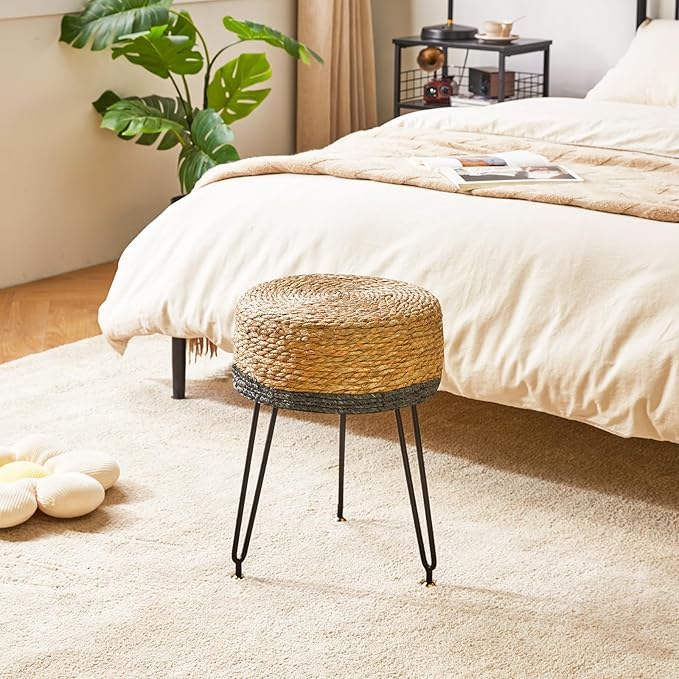 YMYNY Pouf Ottoman, Handmade Natural Water Hyacinth, Pastoral Style Footrest, Footstool with 4 Metal Legs Round Vanity Stool for Bedroom, Hallway, Living Room 12.59"L×12.59"W×17.71"H Black UHBD029B