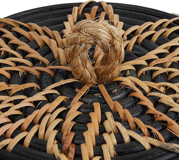 Boho Handwoven Rattan Storage Basket with Lid, Natural and Black