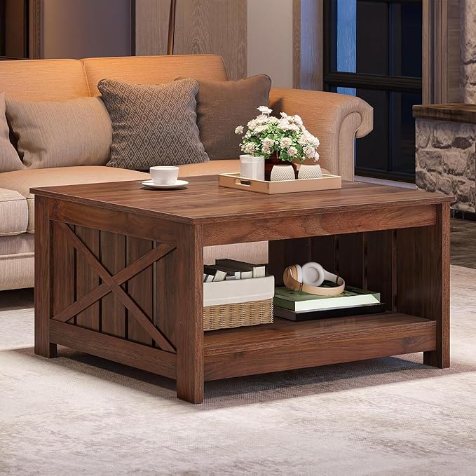 YITAHOME Farmhouse Coffee Table with Storage, Coffee Tables for Living Room Rustic Wood Cocktail Table, Square Coffee Table for Living Meeting Room with Half Open Storage Compartment, Walnut