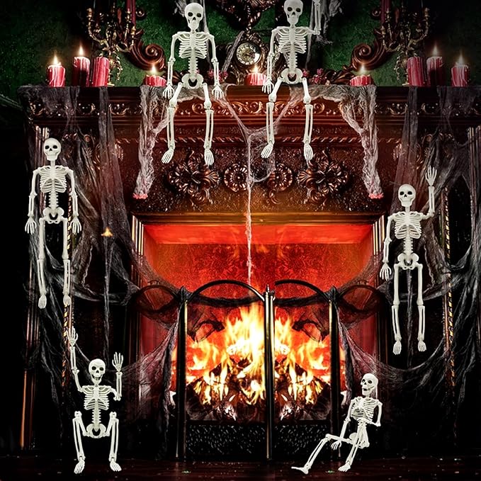 6 PCS Halloween Decoration, 16" Small Poseable Skeleton Full Body with Movable Joints for Garden Graveyard Haunted House Party Home Props Decor