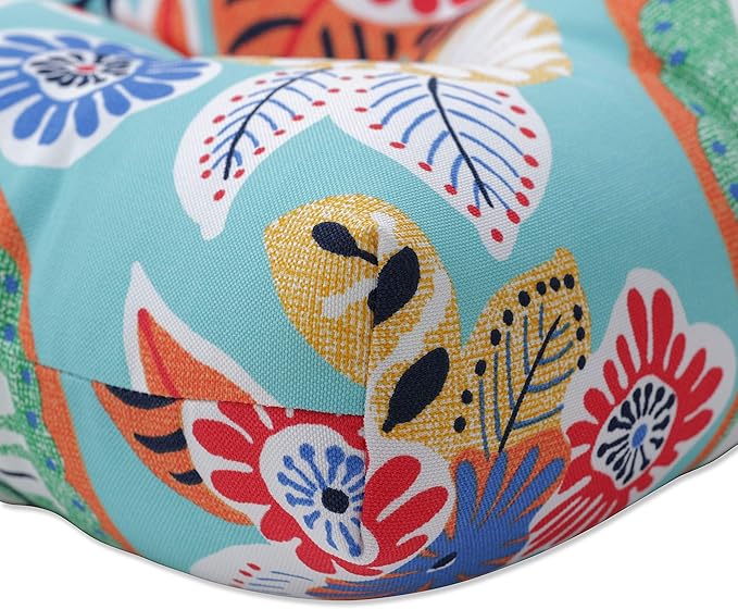 Pillow Perfect Bright Floral Indoor/Outdoor Chairpad with Ties Reversible, Tufted, Weather, and Fade Resistant, 15.5" x 16", Blue/Orange Marlow 2 Count