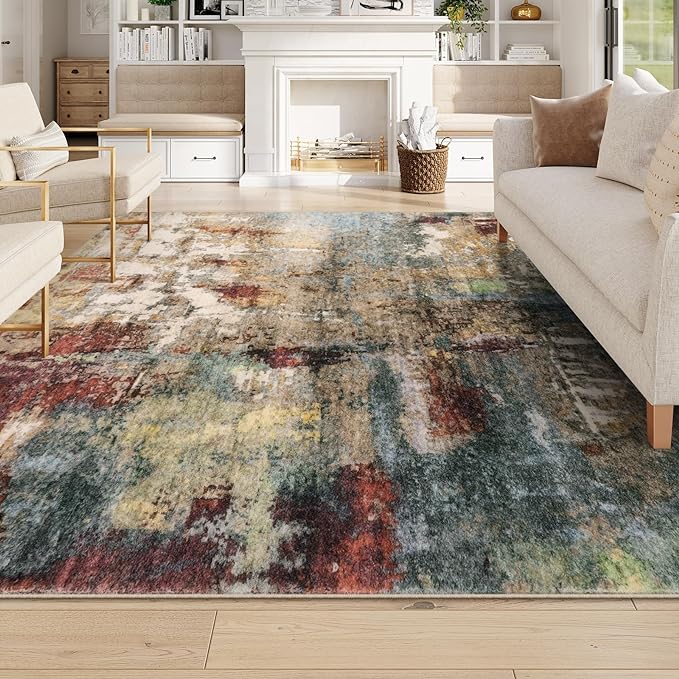 Lahome Modern Abstract 10x14 Area Rugs for Living Room, Large Washable Living Room Rug Low Pile Non Slip, Soft Accent Carpet for Bedroom Dining Room Table Home Decor Use, Red/Multi