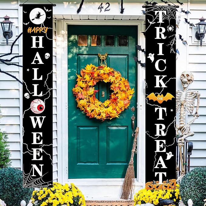 Halloween Door Decorations Outdoor Trick or Treat Banners Halloween Hanging Welcome Signs for Front Porch Yard Garland Garden Party Supplies Indoor Witch Wall Decor