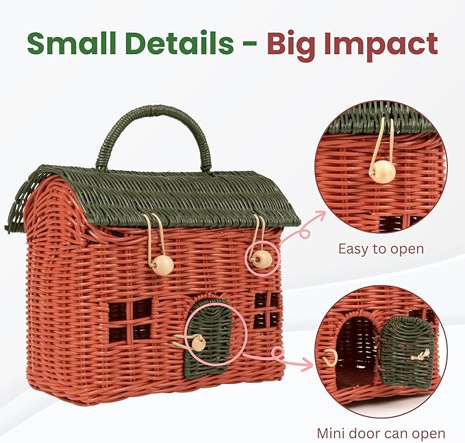 KOLWOVEN Rattan Storage Basket with Lid - Mouse in a Box - Small Doll House - Decorative Hand Woven Shelf Organizer - Cute Handmade Handcrafted Gift Decoration Artwork Wicker (Moss Green)