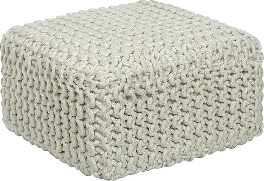 COTTON CRAFT Braided Footrest - Handknitted Cotton Cord Dori Foot Stool Ottoman - Low Floor Pouf - Lightweight Portable - Small Spaces Living Room Bedroom Entryway Under Desk - 14 x 8 Square - Ivory