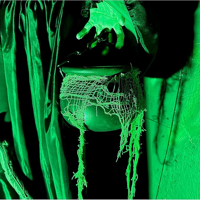 Haunted Hill Farm Lifesize Scary Talking Witch Prop with Cauldron and Broom with Touch Activated Lights and Sound, Battery-Operated Indoor or Covered Outdoor Halloween Decoration