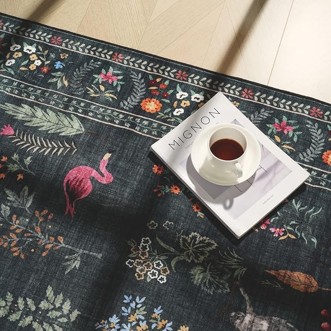 Bedroom Rug 3x5 Rug Washable Area Rug Non Slip Low Pile Boho Floral Animal Small Carpet for Bedroom, Bedside, Kitchen, Entryway, Kids Room, Office, College Dorm Essentials for Girls (Green)