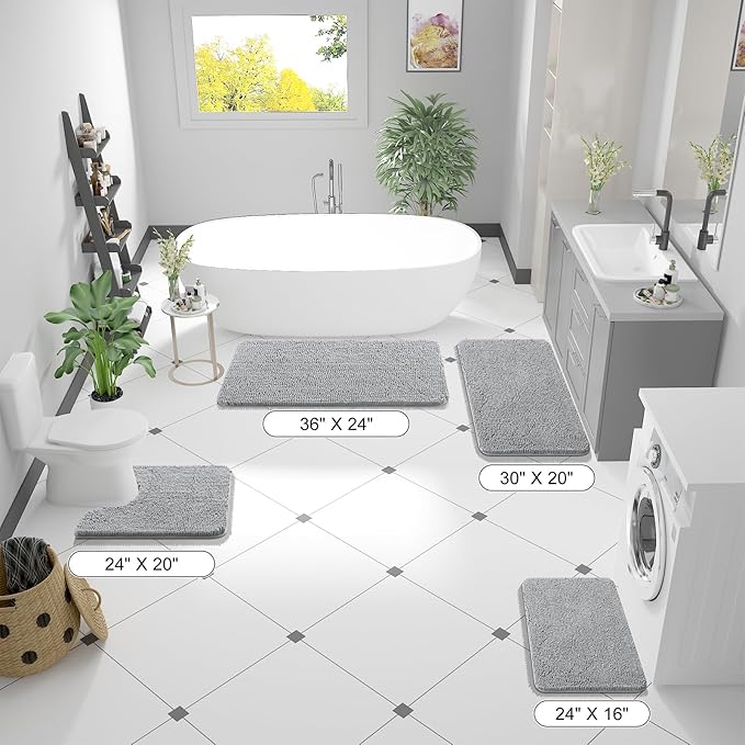 OLANLY Bathroom Rugs 59x24, Extra Soft Absorbent Chenille Bath Rugs, Rubber Backing Quick Dry, Machine Washable Bath Mats for Bathroom Floor, Tub and Shower, Home Decor Accessories, Light Grey