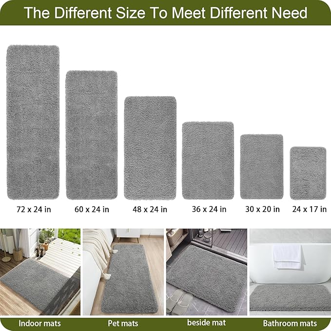 AROGAN Luxury Long Bathroom Runner Rug, 24x48 Inch Thick Soft and Absorbent Microfiber Non Slip Bath Mat, Rubber Backing Quick Dry Rugs Carpets, Machine Washable Plush Mats for Shower Floor, Grey