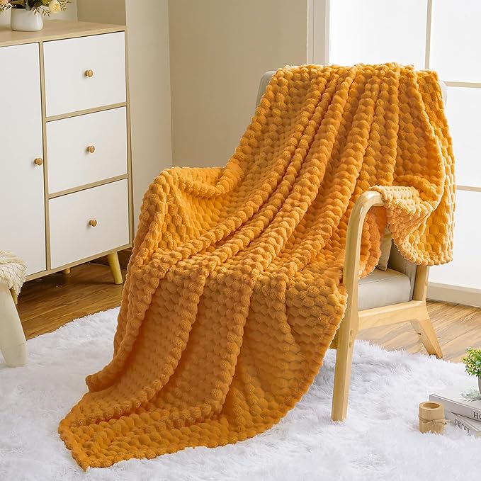 Vessia Flannel Fleece Throw Blanket(50x70 inch), 3D Jacquard Yellow Fuzzy and Warm Blanket for Couch,Sofa,Bed,Chair, 300GSM Super Soft Touch Cozy Lightweight Mustard Throw for All-Season Home Decor