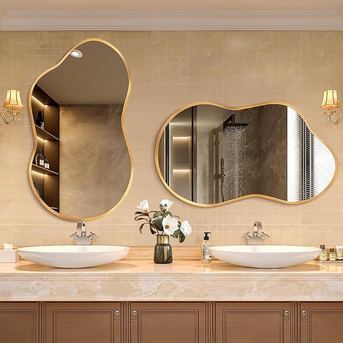 Irregular Wall Mirror - Wall Mirrors Decorative 24"x36" Gold Asymmetrical Mirror Tempered Glass Aviation Aluminum Alloy Frame for Bathroom, Bedroom, Living Room, Cloakroom, Entryway