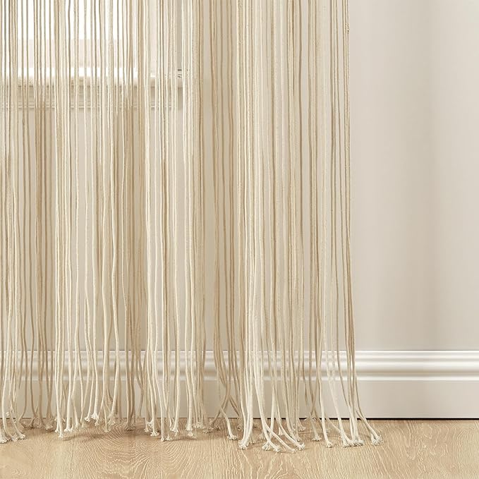 Lush Decor Boho Macrame Textured Cotton Window Curtain Panel, 40" W x 95" L, Neutral Room Divider - Wedding Or Wall Decor