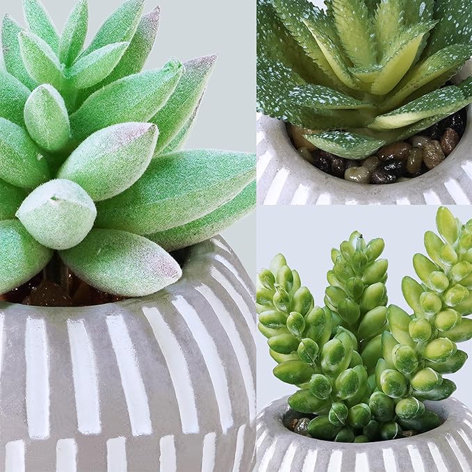 Winlyn Set of 3 Artificial Succulents Plants in Mini Gray and White Geometric Cement Pots Faux Potted Plants Aloe Pachyphytum Succulent Donkey Tail Small Plant for Home Office Table Shelf