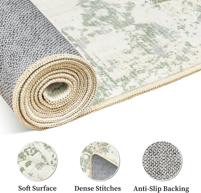 Art&Tuft Washable Rug, Anti-Slip Backing Abstract Area Rugs, Stain Resistant Rugs for Living Room, Foldable Machine Washable Area Rug(02-Green, 5'x7')