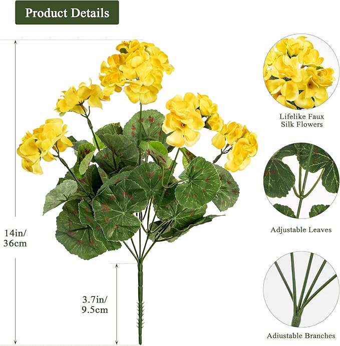 4PCS Home Decor Fake Plants Artificial Flowers Artificial Geraniums Outdoor Fake Flowers Artificial Flowers Fake Silk Bouquet, Fall Decor for Interior Porch Garden Decoration (Yellow) 14.4"