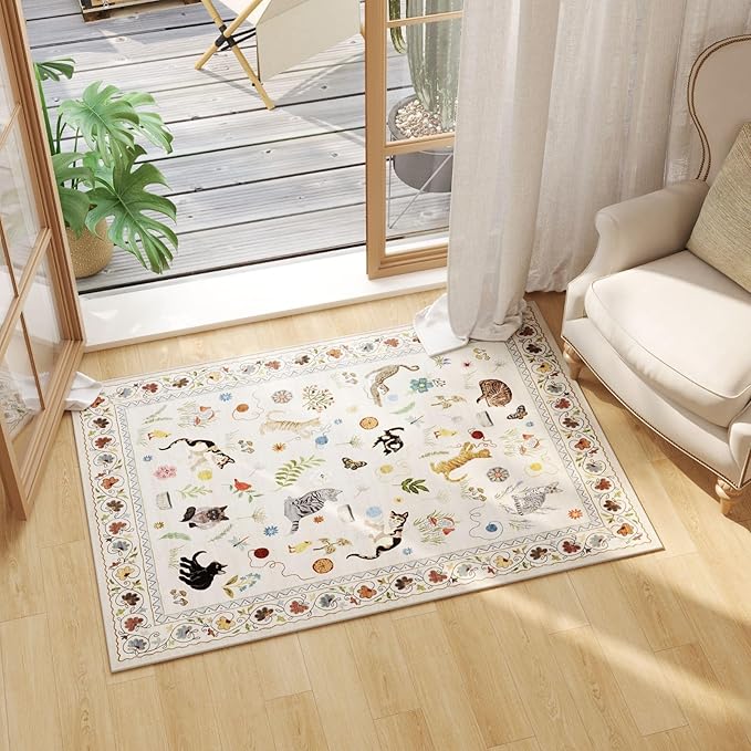 Door Mat Indoor Entrance 2x3 Rug Machine Washable Boho Floral Animal Cat Small Area Rug Non-Slip Low Pile Throw Rugs for Entryway Kitchen Front Door Indoor Entrance Entry Kids Room, Beige