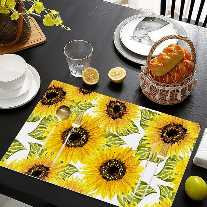 Floral Placemats Set of 4 Sunflower Place Mats Indoor Summer Yellow Linen Table Placemats Washable Wipeable Waterproof Heat Resistant Kitchen Place Mats for Dining Tables, 18 X 12 Inch