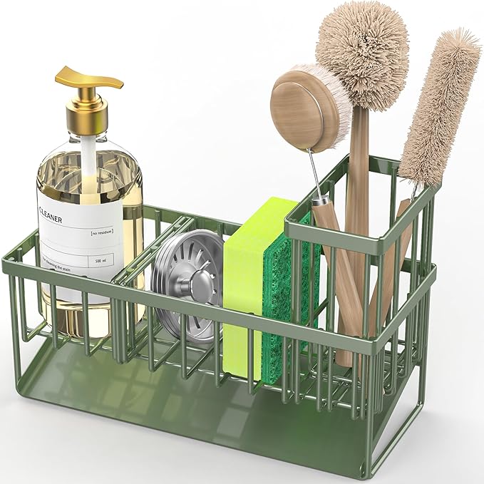 Cisily Kitchen Sink Caddy, Sponge Holder for Kitchen Sink, Kitchen Sink Organzier and Storage with High Brush Holder, 304 Stainless Kitchen Gadgets Sink Accessories, Organizadores de Cocina Sage Green
