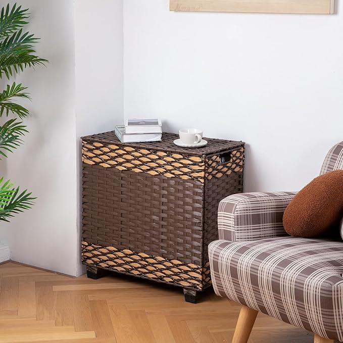 OIAHOMY Laundry Hamper with Lid, 140L Synthetic Rattan Clothes Hamper with Handles, Handwoven Large Laundry Basket with 3 Removable Liner Bags, Foldable, Laundry Room, 27*13*26 Inches, Gradient Brown