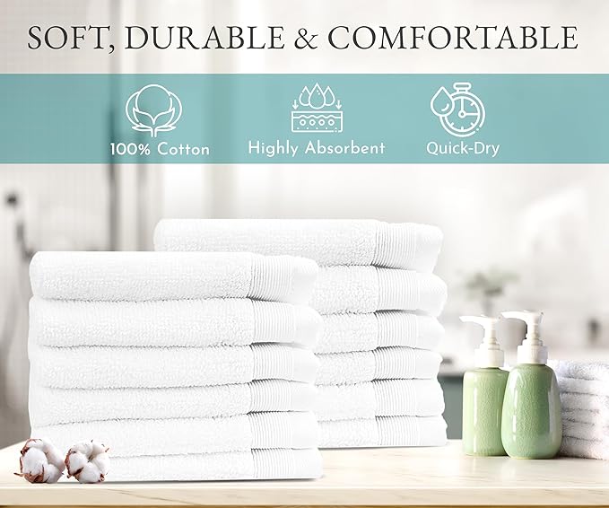 California Design Den Extra Soft and Fluffy 100% Cotton Washcloths - Pack of 12 Quick Dry & Highly Absorbent, Hotel Quality, Small Hand Towel Set for Gym, Salon, Spa & Home Care, White - 13" x 13"