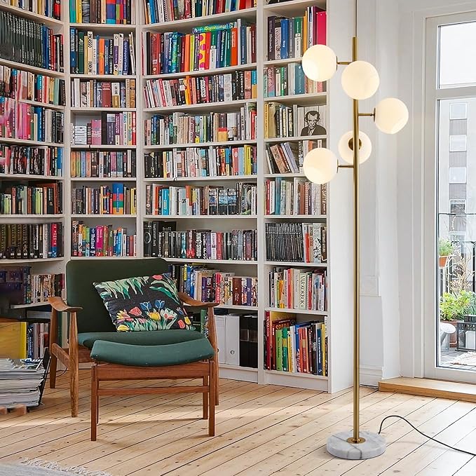 KCO Mid Century Modern Gold Floor Lamp 5 Globe Contemporary Brass Tall Free Standing Reading Lamp with White Glass Lampshade for Office Bedroom
