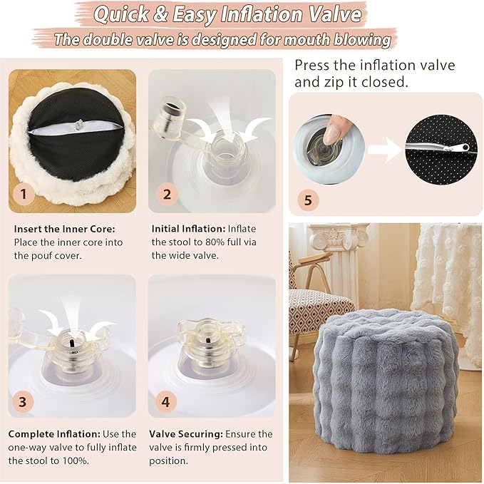 LIFEREVO Faux Rabbit Fur Round Inflatable Pouf Ottoman, 20" X 16" Shaggy Waffle Bubble Floor Poufs Foot Rest Living Room Bedroom, Furry Pouf Chair Foot Stool Couch Home Decor, Anti-Slip, Light Grey