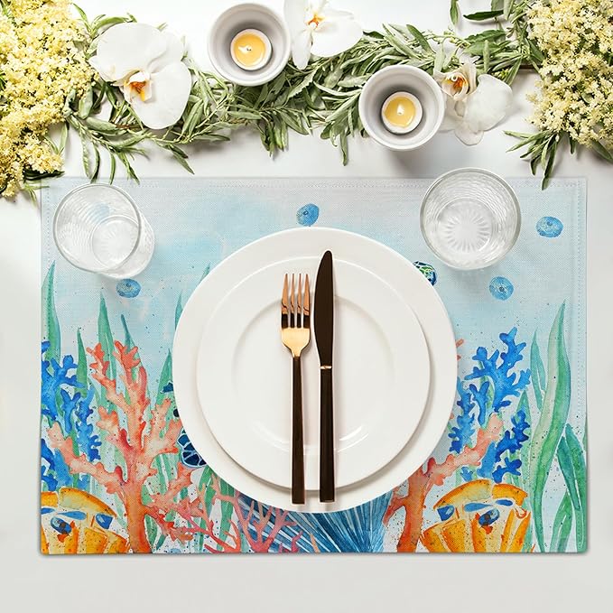Giwawa Sea Turtle Placemats Set of 4, Watercolor Blue Tortoise Place Mat 12x18 Inch, Ocean Nautical Coral Coastal Marine Table Mats Heat Resistance for Kitchen Dining Party Picnic Decor