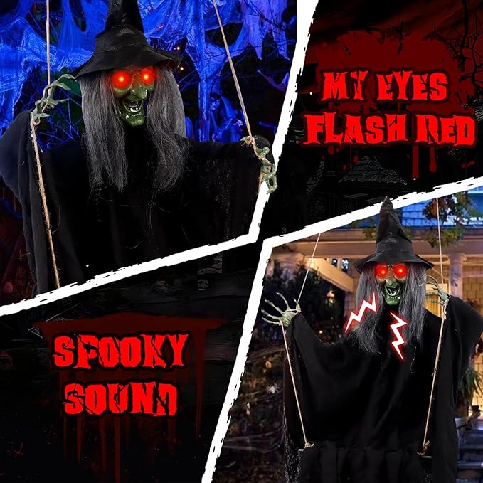Scary Halloween Decorations Outdoor, Halloween Hanging Swinging Witch with Sound & Slap Activated, Light Up Eyes Creepy Sound Expressions, Large Scary Halloween Decor Props for Indoor Outside