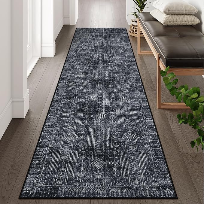 Lahome Black and White Runner Rug for Hallway 2x10, Washable Non-Slip Kitchen Bathroom Runner Rug, Soft Long Carpets for Lundry Entry Office Sliding Door