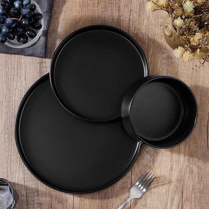 E-far Stoneware Dinnerware Sets, 12-Piece Plates and Bowls Dish Set for 4, Kitchen Modern Dinning Ware, Chip and Scratch Resistant, Microwave & Dishwasher Safe, Matte Black
