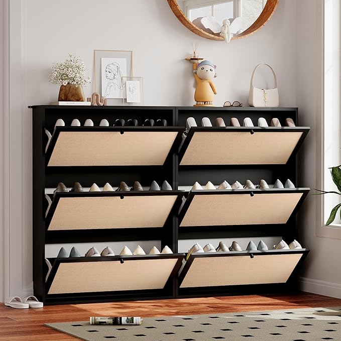 AVZEAR Narrow Shoe Storage Cabinet for Entryway with Natural Linen Panel, Freestanding Slim Shoe Cabinet with 3 Flip Drawers, Wood Shoe Organizer Closed Shoe Rack for Hallway, Living Room(Black)