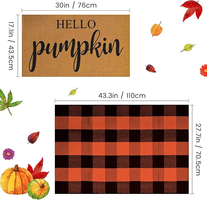 2 Pcs Fall Door Mat Combo Set Imitation Coir Welcome Mat, 43" x 28" Buffalo Plaid Rug Outdoor for Fall Halloween Thanksgiving Rustic Farmhouse Indoor Autumn Mats Hello Pumpkin (Orange and Black Plaid)