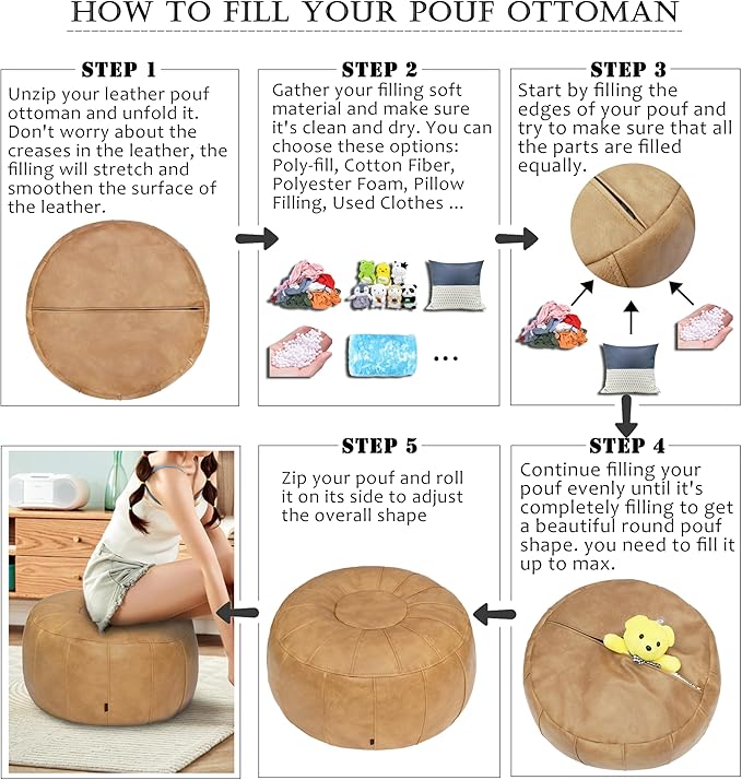 Thgonwid Unstuffed Moroccan Ottoman Pouf Cover, Ottoman Footstool Storage Solution, Bean Bag Chair, Foot Rest, Camel
